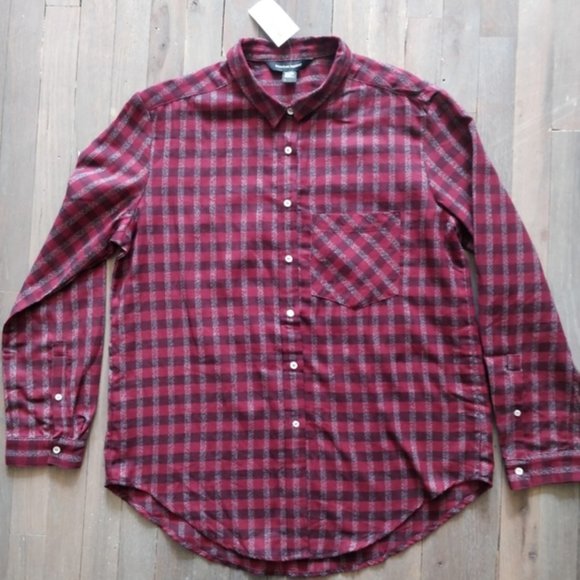 NWT Original American Apparel Check Plaid Button Up Blouse Black & Maroon Large - Picture 2 of 6
